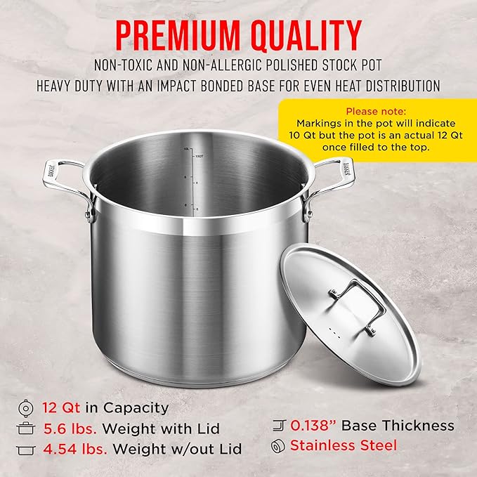 Stainless Steel Stockpot with Lid 12 Quart, Durable 18/8 Stainless Steel, Impact-Bonded Base for Even Heating, Riveted Handles, Oven & All Stove Compatible, Safe Up To 500°F (260°C) - Image 6
