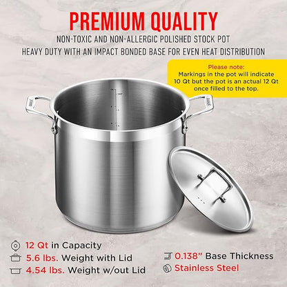 Stainless Steel Stockpot with Lid 12 Quart, Durable 18/8 Stainless Steel, Impact-Bonded Base for Even Heating, Riveted Handles, Oven & All Stove Compatible, Safe Up To 500°F (260°C) - Image 6