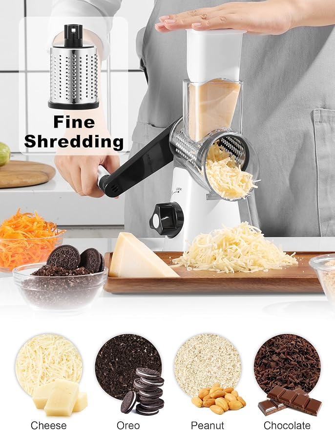Cheese Grater Rotary, Rotary Grater for Kitchen, Kitchen Grater Vegetable Slicer with 3 Drum Blades, Fast Cutting Cheese Shredder for Vegetables and Nuts - Image 4