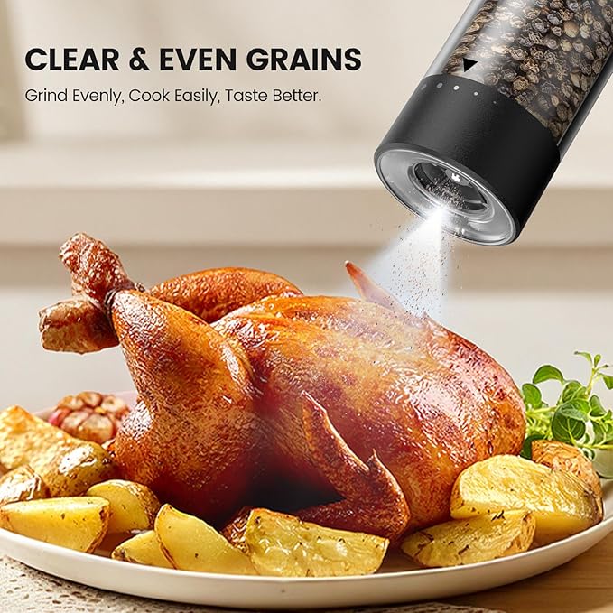 Electric Salt and Pepper Grinder Set - Rechargeable Automatic Salt and Pepper Shakers, Kitchen Appliances with External Adjustable Coarseness, Larger Hopper for Cooking, Home Gifts(2 Pack,Black/Black) - Image 5