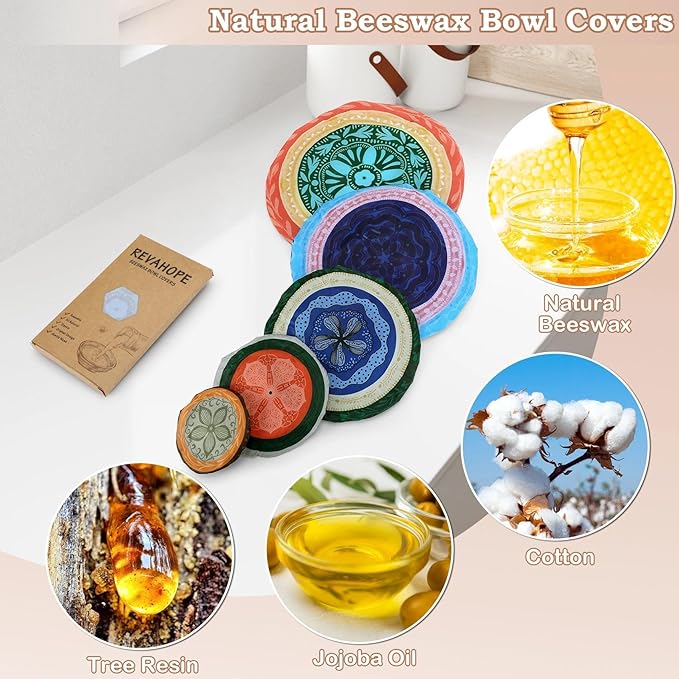 5-Size Reusable Beeswax Bowl Covers for Bread Proofing, Cotton Cloth Flexible Beeswax Wraps for Food Storage(Colorful Concentric Circle) - Image 3