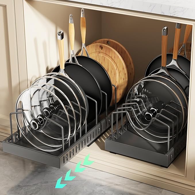 Pull Out Pots and Pans Organizer Under Cabinet, Expandable Sliding Lid Holder and Pan Rack for Kitchen, Slide Out Inside Cabinet for Pot Lid, Bakeware, Dishes, 10 Adjustable Dividers, 2 Pack Black by Lozovincablemanagementtray