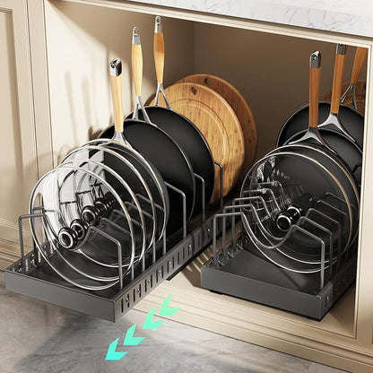 Pull Out Pots and Pans Organizer Under Cabinet, Expandable Sliding Lid Holder and Pan Rack for Kitchen, Slide Out Inside Cabinet for Pot Lid, Bakeware, Dishes, 10 Adjustable Dividers, 2 Pack Black by Lozovincablemanagementtray