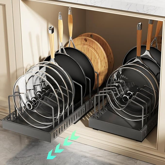 Pull Out Pots and Pans Organizer Under Cabinet, Expandable Sliding Lid Holder and Pan Rack for Kitchen, Slide Out Inside Cabinet for Pot Lid, Bakeware, Dishes, 10 Adjustable Dividers, 2 Pack Black by Lozovincablemanagementtray