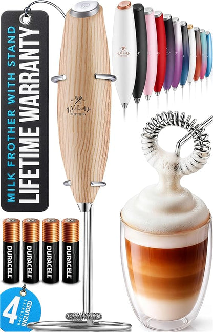 Zulay Kitchen Powerful Milk Frother Wand With 4 AA Duracell Batteries - Ultra Fast Handheld Drink Mixer - Electric Whisk Foam Maker for Coffee, Lattes, Cappuccino, Matcha & Creamer - Maple by ZulayKitchen