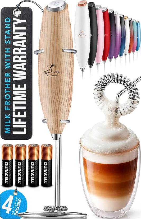 Zulay Kitchen Powerful Milk Frother Wand With 4 AA Duracell Batteries - Ultra Fast Handheld Drink Mixer - Electric Whisk Foam Maker for Coffee, Lattes, Cappuccino, Matcha & Creamer - Maple by ZulayKitchen
