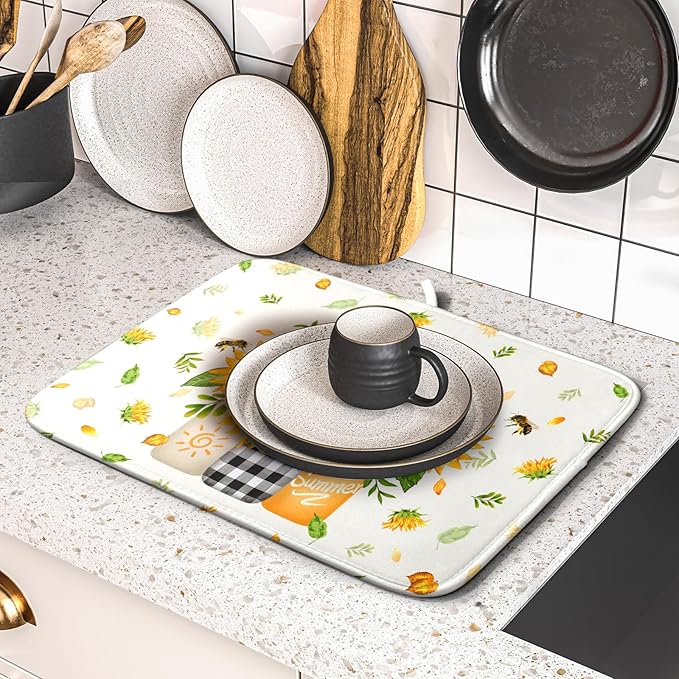 Giwawa Sunflower Vases Dish Drying Mat for Countertop, 16"x18" Summer Bee Floral Mason Jar Dish Drainer Mats, Fast Dry Microfiber Reversible Small Dish Drying Pad Kitchen Decoration