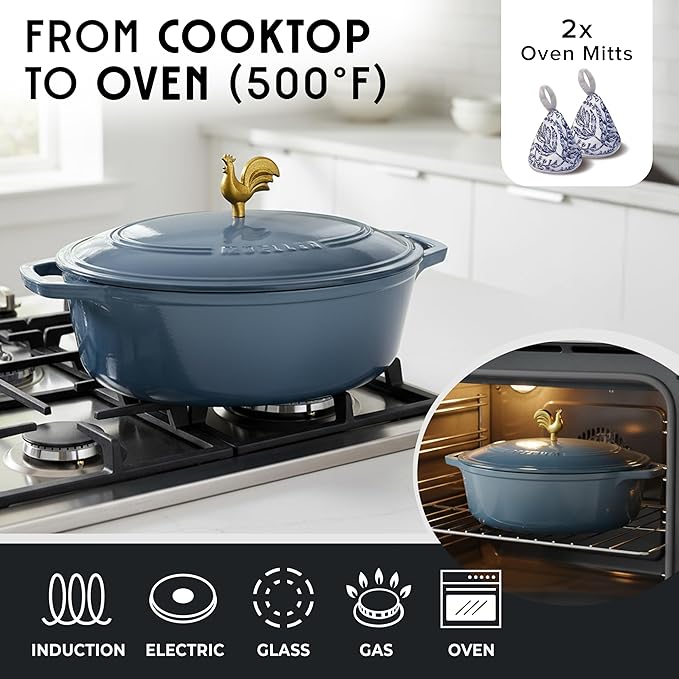MUELLER HOME 5.5 Quart Enameled Cast Iron Oval Dutch Oven w Rooster Knob & Cotton Potholders, Heavy-Duty Cookware, Oven-Safe up to 500° F & Across All Cooktops, Gifts for Grandma & Women, Mineral Blue - Image 4