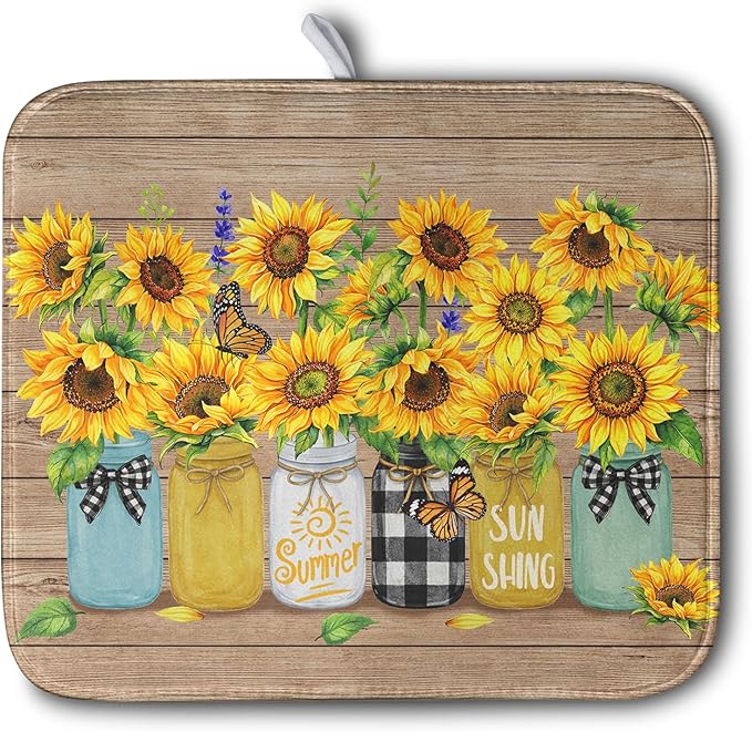Sunflower Dish Drying Mat for Kitchen 16x18 Inch Counter Rustic Vintage Floral Vases Wood Grain Drying Mats Microfiber Absorbent Dishes Drying Pad Spring Summer Flowers Dish Drainer Rack Mat by Kwlegh