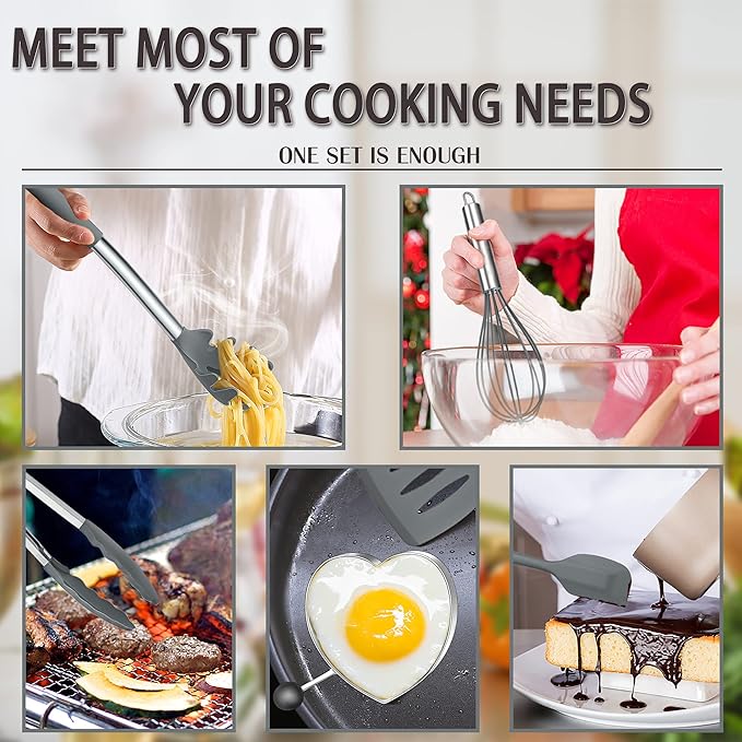 Silicone Cooking Utensils Set, E-far 14-Piece Gray Kitchen Utensils Set with Holder, Kitchen Tools Spatulas with Stainless Steel Handle for Non-stick Cookware, Heat Resistant & Dishwasher safe - Image 4