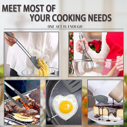 Silicone Cooking Utensils Set, E-far 14-Piece Gray Kitchen Utensils Set with Holder, Kitchen Tools Spatulas with Stainless Steel Handle for Non-stick Cookware, Heat Resistant & Dishwasher safe - Image 4