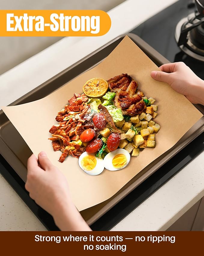 Parchment Paper Sheets 12x16 Inch |200-Pack Unbleached Natural Brown Baking Paper for Oven, Air Fryer & Grilling | Precut, Non-Stick, Greaseproof Half Sheet Pan Liners - Image 8