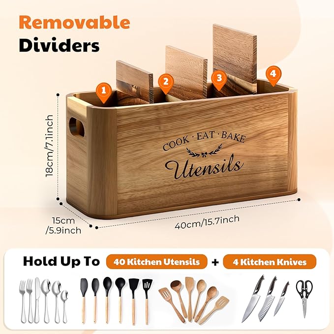 Acacia Wood Utensil Holder for Kitchen Countertop, Extra Large Wooden Utensil Organizer with Magnetic Knife Strip, 4 Compartment Farmhouse Kitchen Tool Caddy and Silverware Storage