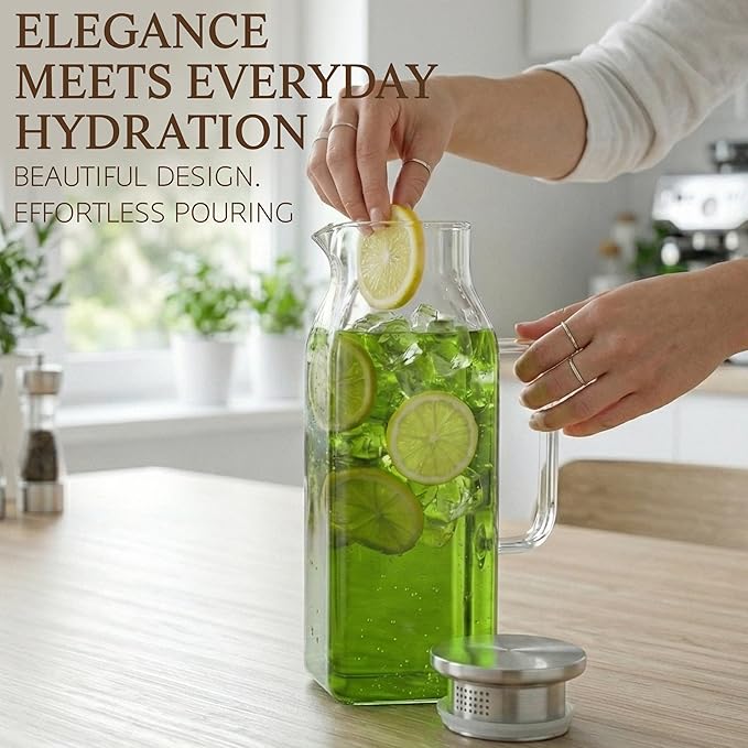 2 Pack Square Glass Pitcher with Lid and Handle, 68oz 2 Liter Borosilicate Glass Water Pitcher for Fridge, Heat Resistant Iced Tea Pitcher, Glass Carafe for Hot Cold Beverages Juice Lemonade