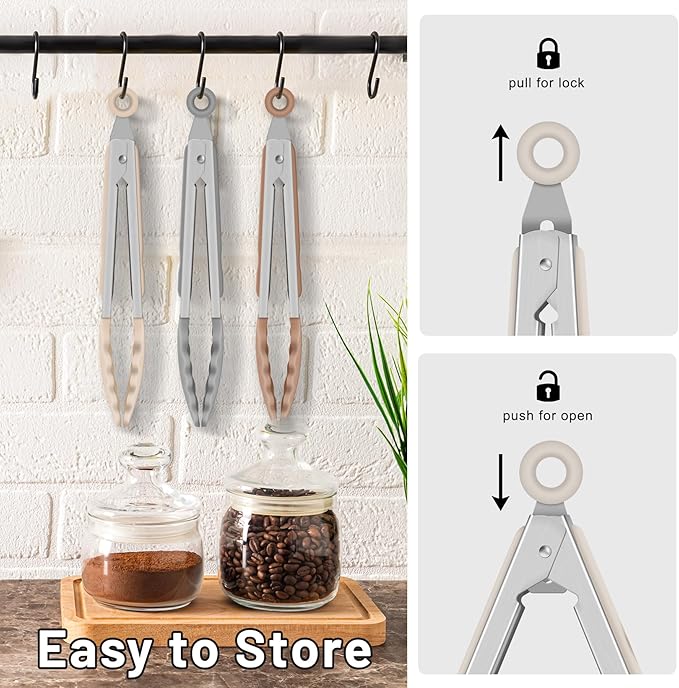 Hotec Mini Silicone Kitchen Tongs for Cooking - 7-Inch Small Serving Tongs with Silicone Tips, Set of 3 (Neutral Color) - Image 5