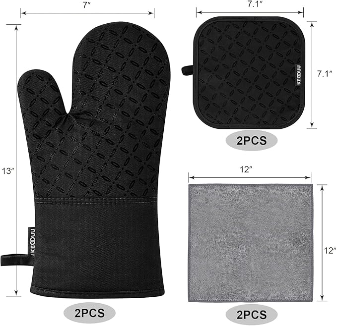 KEGOUU Oven Mitts and Pot Holders 6pcs Set, Kitchen Oven Glove High Heat Resistant 500 Degree Extra Long Oven Mitts and Potholder with Non-Slip Silicone Surface for Cooking (Black) - Image 2