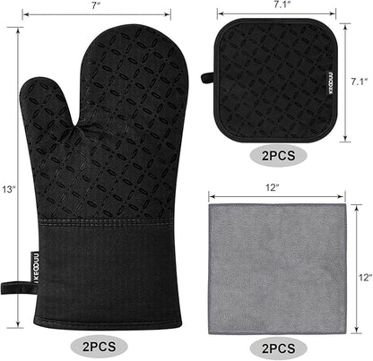KEGOUU Oven Mitts and Pot Holders 6pcs Set, Kitchen Oven Glove High Heat Resistant 500 Degree Extra Long Oven Mitts and Potholder with Non-Slip Silicone Surface for Cooking (Black) - Image 2