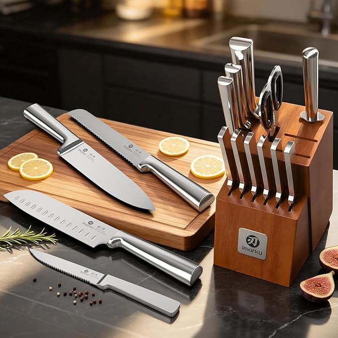imarku 15-Piece Knife Block Set Built-in Sharpener, Japanese High Carbon Stainless Steel Kitchen Knife Set, Dishwasher Safe, Chef Knife Set with Wooden Knife Block, Steak Knives for Kitchen Cooking - Image 9