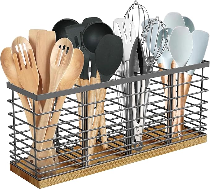 Suli Extra Large Kitchen Utensil Holder Countertop with 4 Compartments,Grey Metal holder with Wooden Base for Countertop,Farmhouse Utensil Organizer for counter,Rustic Cooking Utensil Organizer by Suli