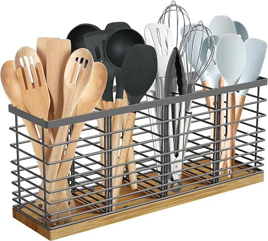 Suli Extra Large Kitchen Utensil Holder Countertop with 4 Compartments,Grey Metal holder with Wooden Base for Countertop,Farmhouse Utensil Organizer for counter,Rustic Cooking Utensil Organizer by Suli
