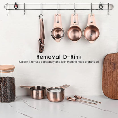 Copper Measuring Spoons Set 10, Stainless Steel Measuring Spoons with Leveler, Metric & US Metal Measuring Spoons fro Baking & Kitchen, Dry&Liquid Long Handle Measruing Spoons for Spice Jar
