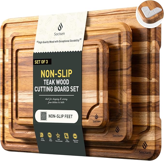 Teak Wood Cutting Board Set for Kitchen High-End Non Toxic Non Slip Over Sink Solid Thick Wood Haus Chopping Board Extra Large Big Small Best Kitchen Essential House Warming Hostess Host Gift by Socisen