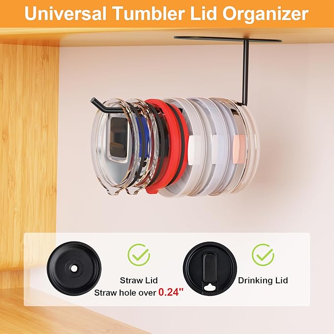 2 Pack Tumbler Lid Organizer, Space Saving Cup Lid Organizer for Yeti/Stanley/Simple Modern Tumbler Lids, Self-Adhesive or Drilling Tumbler Lid Hook for Kitchen Organizers and Storage - Image 3
