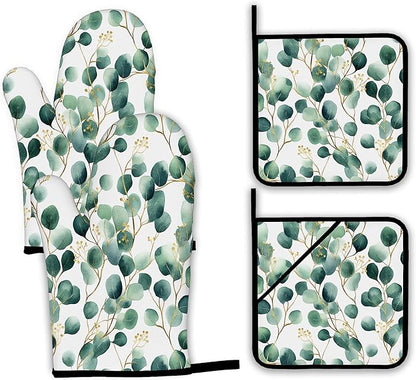 Eucalyptus Leaf Oven Mitts and Pot Holders Set,Golden Green Kitchen Decor Heat Resistant Non Slip Hot Pads and Oven Mitt for Chef Cooking Baking BBQ Mom Girl Gifts(4 Piece Set)