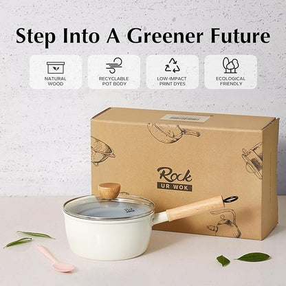 ROCKURWOK Ceramic Nonstick Sauce Pan with Lid, 1.5 Qt Small Pots for Cooking, Small Pot Wooden Handle for Cool Touch, Non Toxic & Pfas-Free Saucepan, Universal Base(Gas, Electric & Induction), White - Image 9