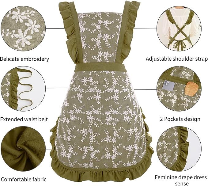 Pinknoke Vintage Pinafore Apron Dress for Women with Pockets Cute Floral Chef Aprons for Kitchen Cooking Baking Gardening - Image 5