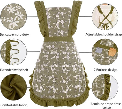 Pinknoke Vintage Pinafore Apron Dress for Women with Pockets Cute Floral Chef Aprons for Kitchen Cooking Baking Gardening - Image 5