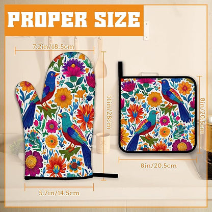 Colorful Bird Oven Mitts and Pot Holders,Flowers Mexican Style Heat Resistant Oven Mitts Gloves and Pot Holder for Home Kitchen Decorations Cooking Baking BBQ Gifts,Set of 4