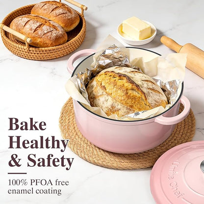 Umite Chef Enameled Cast Iron Dutch Oven-7QT Pot with Lid Cookbook & Cotton, Heavy-Duty Cookware for for Bread Baking, Braising, Stews, Marinate, Cook(Pink) - Image 2