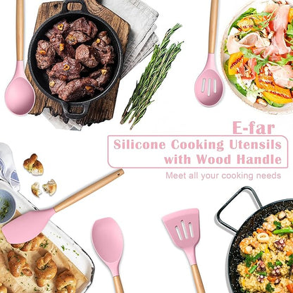 E-far Silicone Cooking Utensils Set, 5-Piece Kitchen Utensils Set with Wooden Handle for Cooking, Silicone Kitchen Nonstick Tools Spatula Turner Slotted Spoons, Nontoxic & Heat Resistant-Pink - Image 7