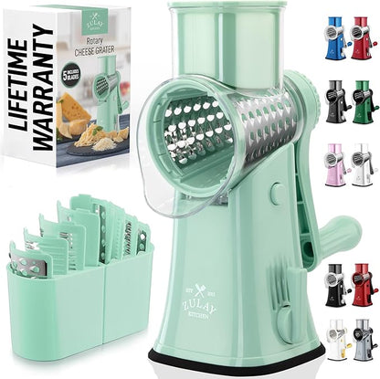 Zulay Kitchen Rotary Cheese Grater 5 Blade Cheese Shredder - Manual Hand Crank Cheese Grater With Reinforced Suction & 5 Interchangeable Drums - Easy to Use, Vegetable Chopper Round Mandoline Slicer by ZulayKitchen