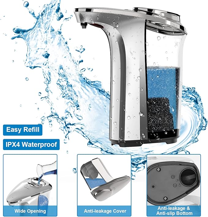 PZOTRUF Automatic Soap Dispenser, Touchless Dish Soap Dispenser 17oz/500ml with Infrared Sensor, 5 Adjustable Soap Dispensing Levels, Liquid Hand Dispenser for Bathroom Kitchen Sink (Silver) - Image 5