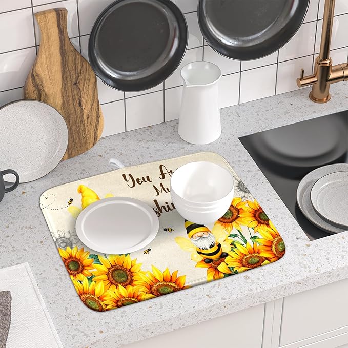 Giwawa Bee Gnomes Dish Drying Mat, Summer Sunflowers Elf Dish Drainer Mats for Kitchen Countertop, Vintage Sunshine Floral Absorbent Reversible Dish Drying Pad Decor, 16x18inches, Small