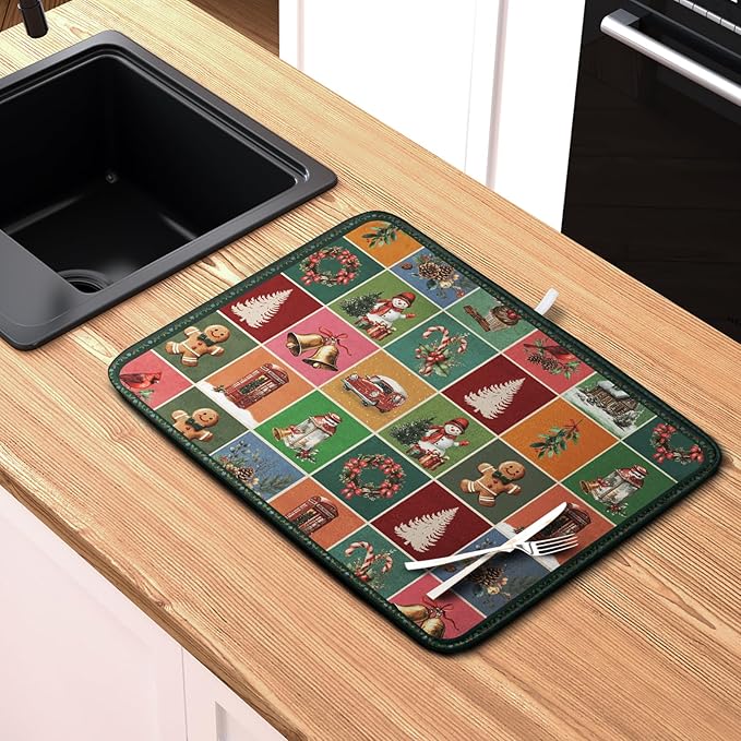 Christmas Dish Drying Mats for Kitchen Counter Cute Xmas Holiday Dish Drainer Pad Microfiber Absorbent Winter Dish Draining Mat Washable Dish Drainer Rack Mat Medium 16x18 Inch - Image 6