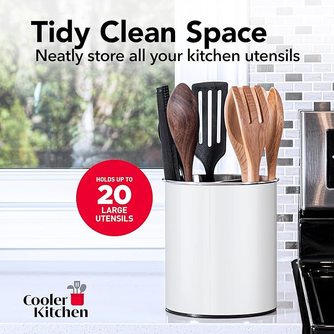 Cooler Kitchen White Rotating Extra Large Stainless Steel Utensil Holder Caddy with Sturdy No-Tip Weighted Base, Removable Divider, and Gripped Insert - Dishwasher Safe Metal Cooking Utensil Holder - Image 6