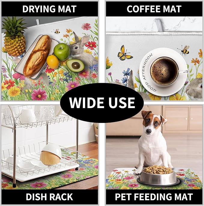 Easter Dish Drying Mat for Kitchen Counter Easter Bunny Flowers Dish Drying Pad Spring Rabbit Floral Dishes Drainer Mats Absorbent Microfiber Kitchen Countertop Protector Drying Mats 18x24 in - Image 7