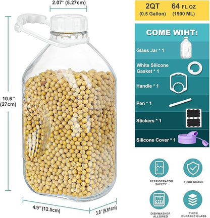 Ritayedet 64 Oz Heavy Duty Glass Milk Bottle with Reusable Airtight Strong SCREW LID - 1/2 Gallon Water Bottles with Scale Lines - 2 Qt Glass Milk Jug Pitcher - Extra Gaskets & Handle!