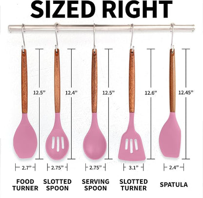 Zulay Kitchen Non-Stick Cooking Utensils Set with Authentic Acacia Wood Handles – 5-Piece Durable & Stylish Silicone Kitchen Utensils Set – Heat Resistant to 464°F – Pink - Image 8
