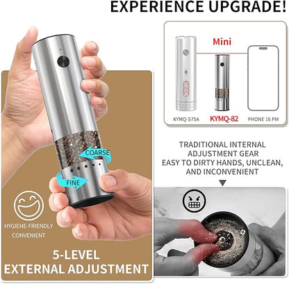 Mini Electric Salt and Pepper Grinder Stainless steel, USB Rechargeable, Small Automatic Salt Pepper Mill Grinder, Travel/Outdoor BBQ/Children, One-Button Control,External Adjustable Coarseness