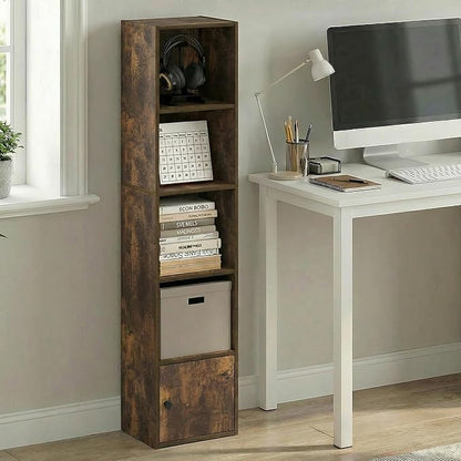 Furinno LUDER Book Shelf, 5-Tier Bookshelf with Open Shelf, Standing Bookcase with 1 Door Cabinet, 9.3 x 12 x 52, for Organization and Storage, for Living Room, Bedroom, Home Office, Amber Pine - Image 2