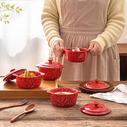 4-Pack 10 Oz Ceramic Mini Cocotte Set with Lids & Handles, Oven-Safe Stoneware Ramekins for Soufflé, Soup, Cobbler, Individual Baking & Serving,Red