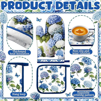 Fanfanwin 10 Pcs Chinoiserie Blue White Hydrangea Kitchen Decor Set Blue and White Chinese Floral Dish Towels Rugs Oven Mitts Pot Holders for Cooking Baking Mom Gift Home Hydrangea Decor