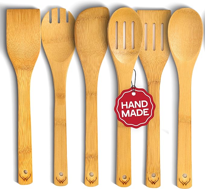 WOODLANDS USA Wooden Spoons for Cooking set of 6 – Premium Wooden Utensil set for everyday use – Versatile Cooking utensils set safe for nonstick pans – Durable wooden spoon kitchen utensils set by WOODLANDSUSA