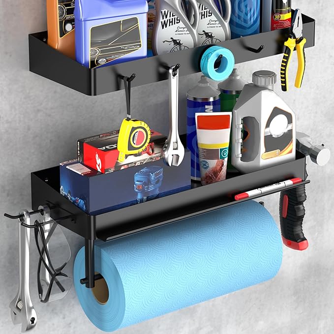 ZUNTO Pack of 2 Black Paper Towel Holder and Organizer Shelf for Garage, Wall Mounted Paper Roll Holder with Shelf and Hooks, Drilling Garage Organization and Storage - Image 8