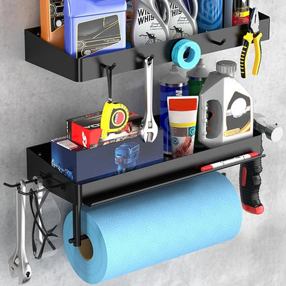 ZUNTO Pack of 2 Black Paper Towel Holder and Organizer Shelf for Garage, Wall Mounted Paper Roll Holder with Shelf and Hooks, Drilling Garage Organization and Storage - Image 8