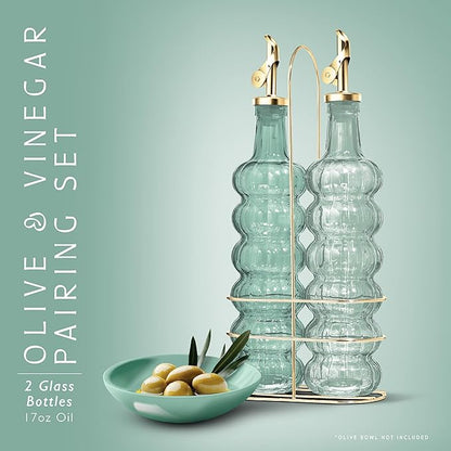 COOK WITH COLOR Glass Olive Oil Bottle Dispenser - 2 Pack- 17oz Oil and Vinegar Cruet - Olive Oil Carafe Decanter for Kitchen, Elegant Waves, Green - Image 2